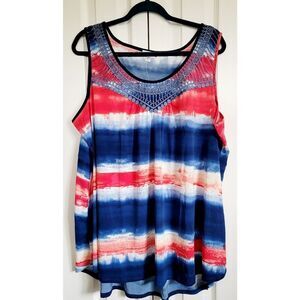 Avenue 18/20 Red White & Blue Tank Top Lace Accents Scoop Neck Tie Dye‎ Look NWT